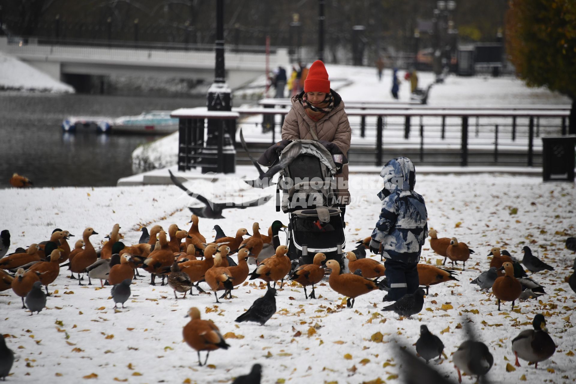 Москва. Женщина с ребенком гуляют в парке у пруда.