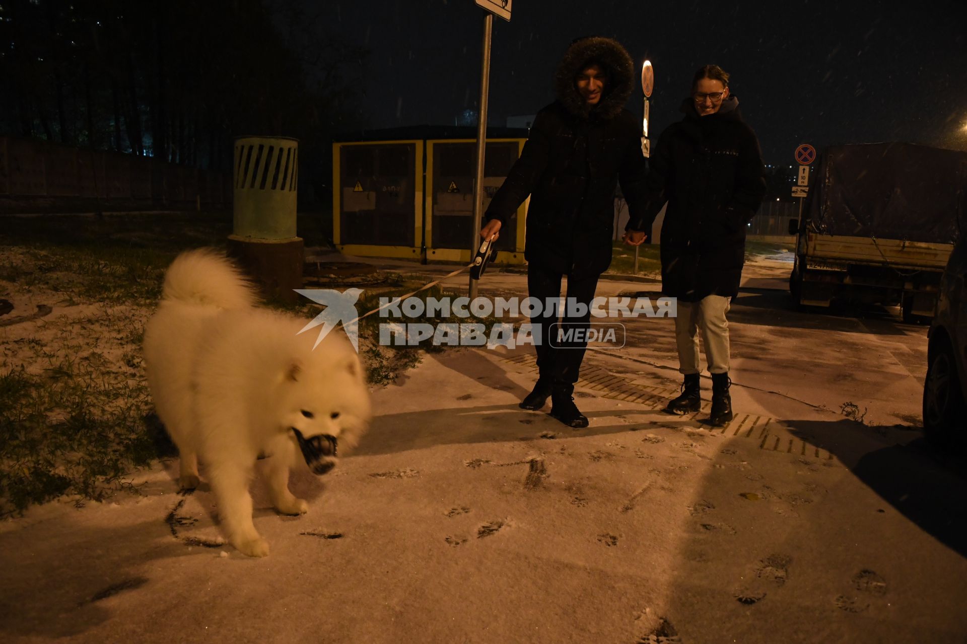 Москва. Пара гуляет с собакой.