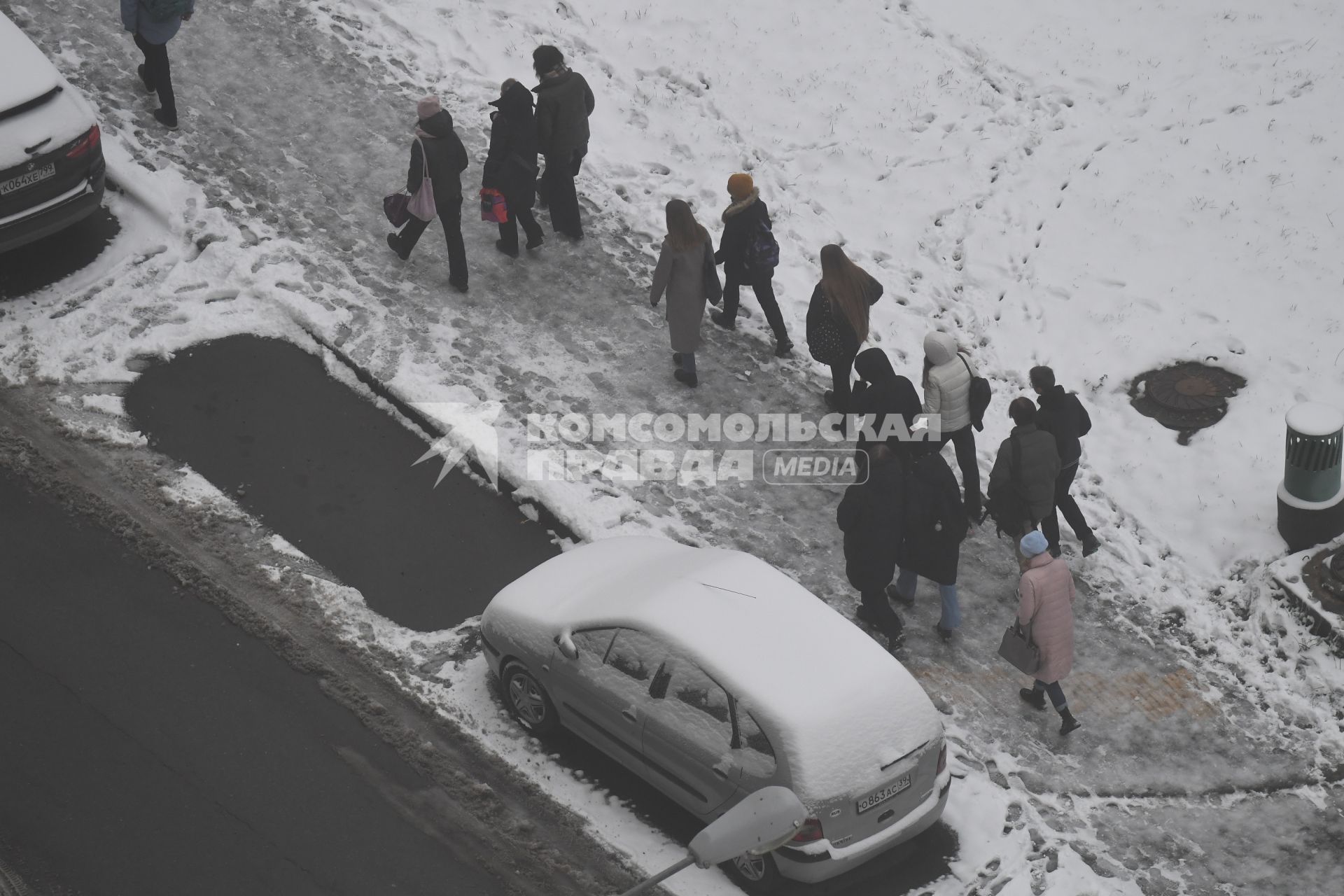 Москва.   Мужчина гуляет с собакой  во время снегопада.