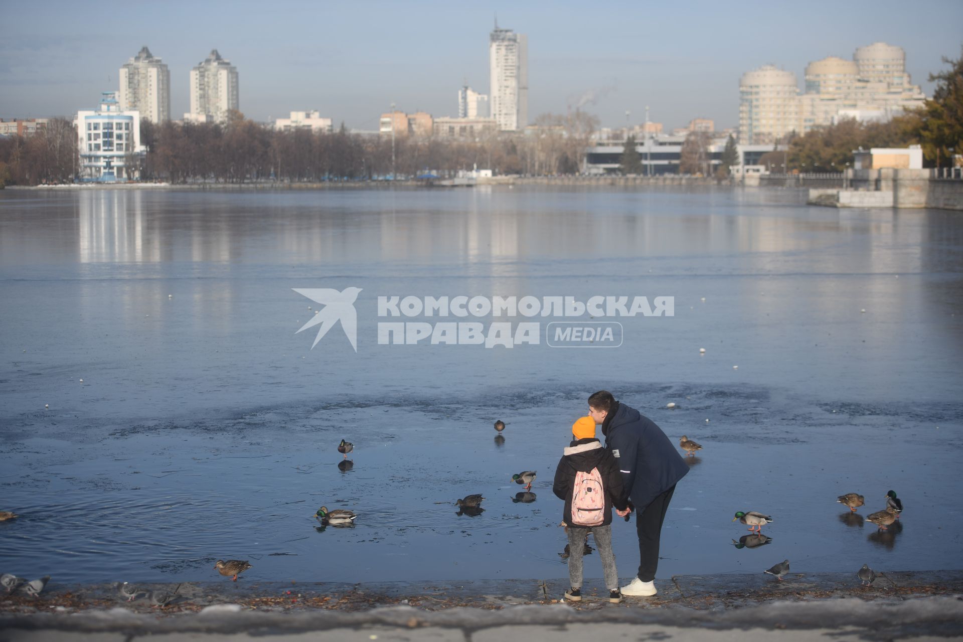 Екатеринбург. Парень с девушкой кормят уток на городском пруду