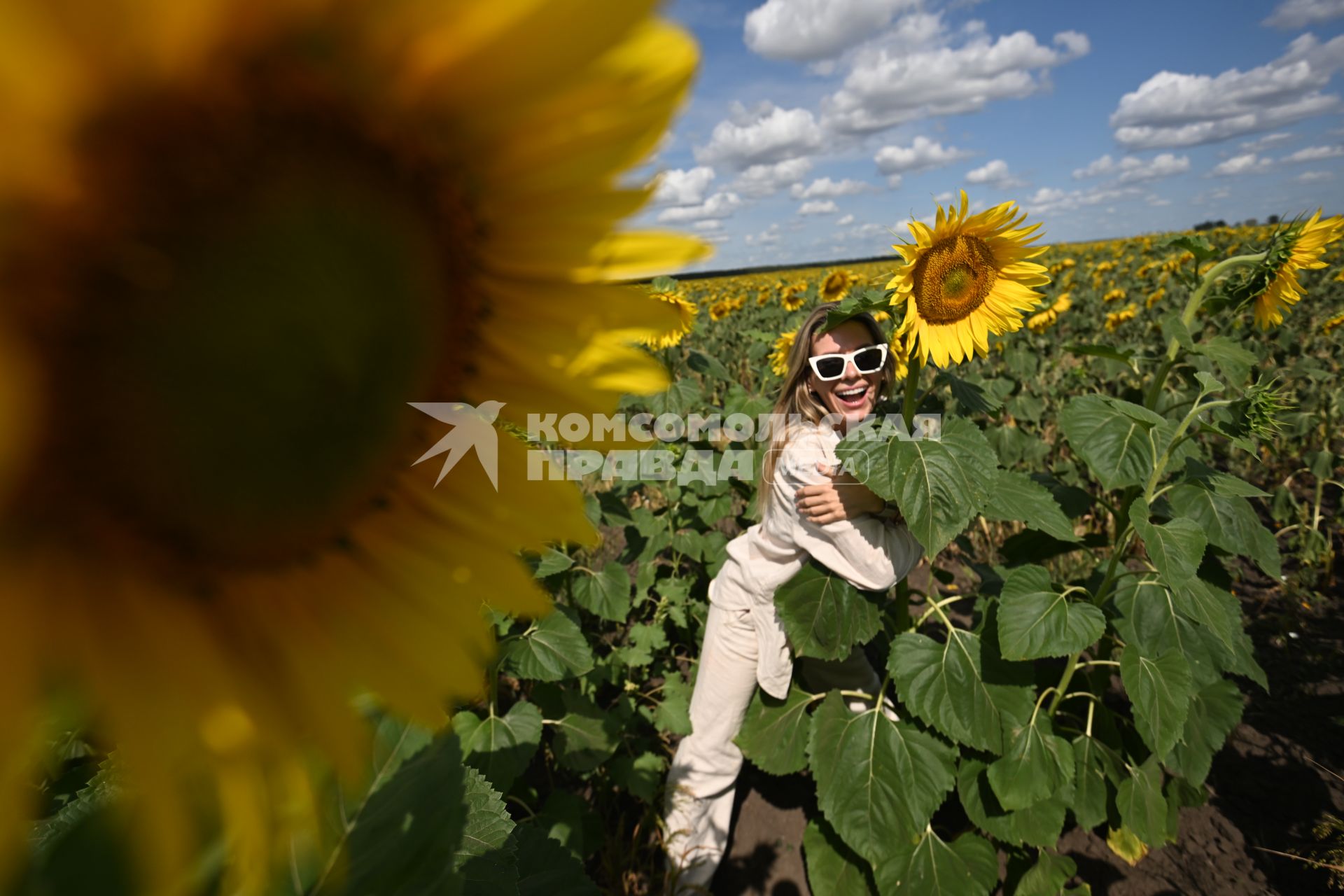 Девушка в поле подсолнухов